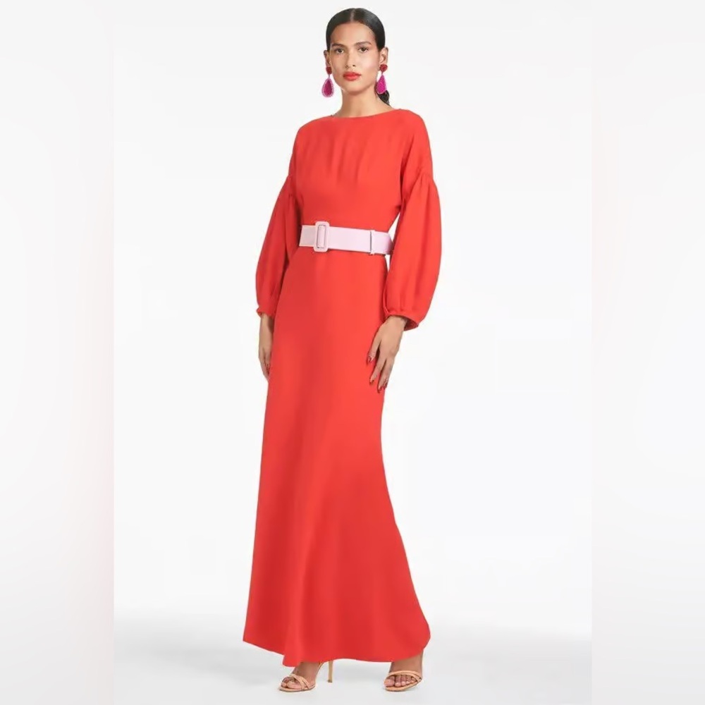 Sachin and Babi Esmerelda Gown: Red Maxi Dress with Pink Belt